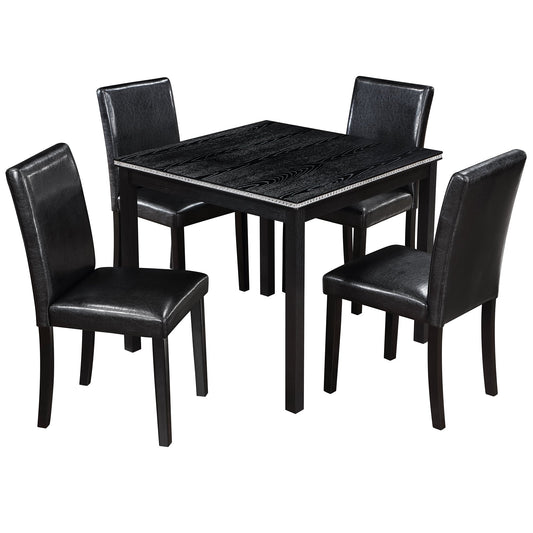 5PCs Wooden Dining Table Set, Kitchen Table Set with a Square Table And 4 Upholstered Chairs, Wooden Dining Room Table with Crystal Decoration and Chairs Set for Kitchen, Dining Room, Black - 1st Choice Furniture Direct
