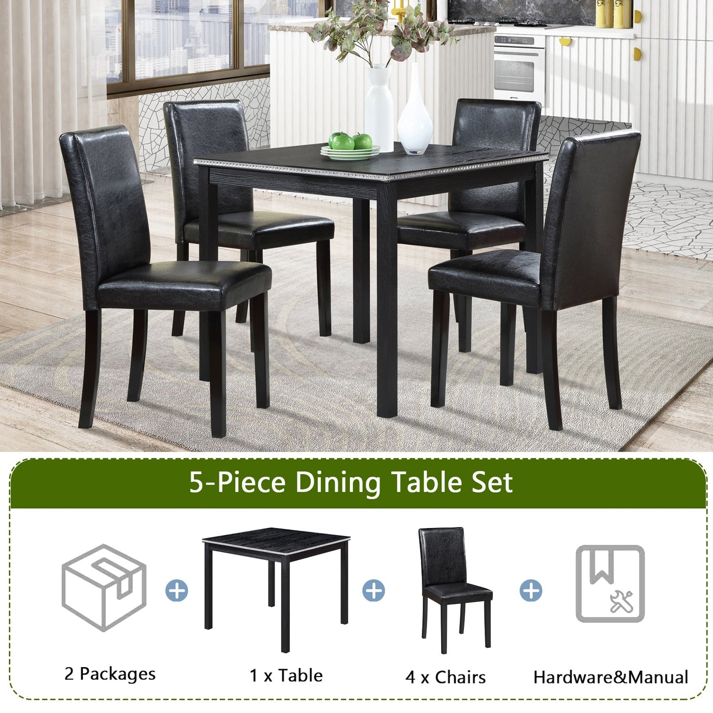 5PCs Wooden Dining Table Set, Kitchen Table Set with a Square Table And 4 Upholstered Chairs, Wooden Dining Room Table with Crystal Decoration and Chairs Set for Kitchen, Dining Room, Black - 1st Choice Furniture Direct