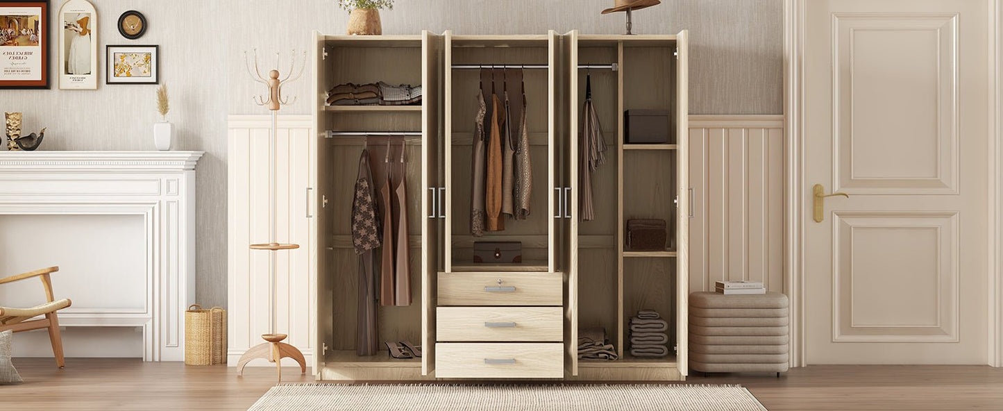 6-Door Brown Wooden Wardrobe Armoire with Locking Drawer - 1st Choice Furniture Direct