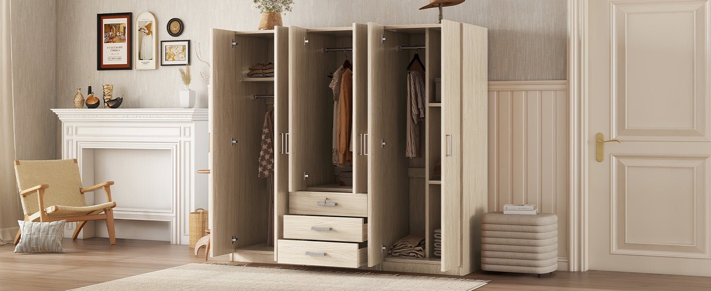 6-Door Brown Wooden Wardrobe Armoire with Locking Drawer - 1st Choice Furniture Direct