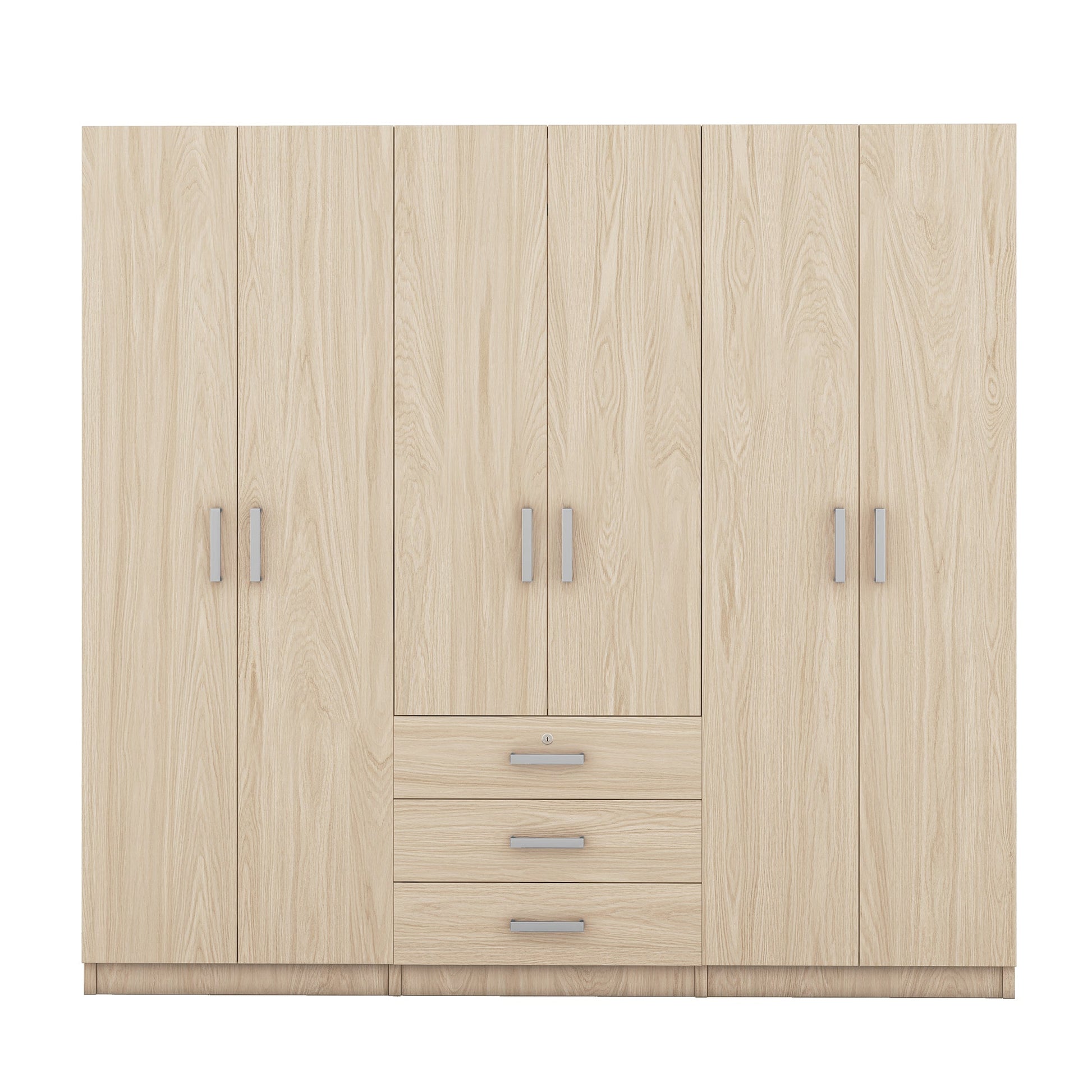 6-Door Brown Wooden Wardrobe Armoire with Locking Drawer - 1st Choice Furniture Direct