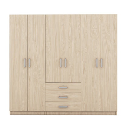 6-Door Brown Wooden Wardrobe Armoire with Locking Drawer - 1st Choice Furniture Direct