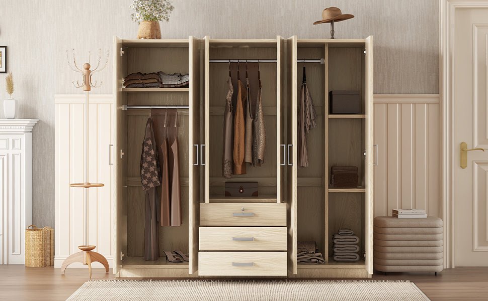 6-Door Brown Wooden Wardrobe Armoire with Locking Drawer - 1st Choice Furniture Direct