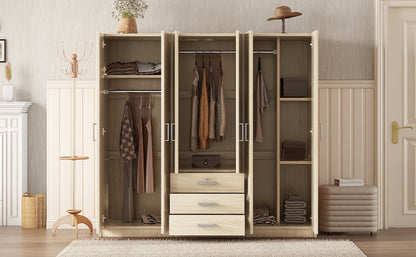 6-Door Brown Wooden Wardrobe Armoire with Locking Drawer - 1st Choice Furniture Direct