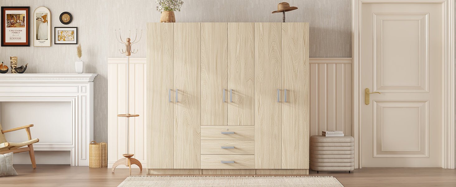 6-Door Brown Wooden Wardrobe Armoire with Locking Drawer - 1st Choice Furniture Direct