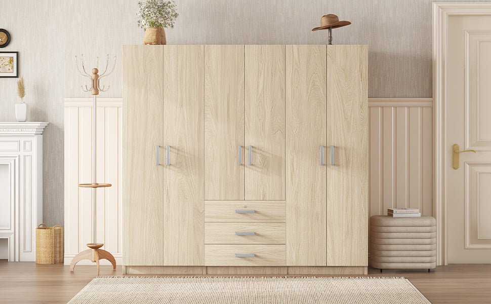 6-Door Brown Wooden Wardrobe Armoire with Locking Drawer - 1st Choice Furniture Direct