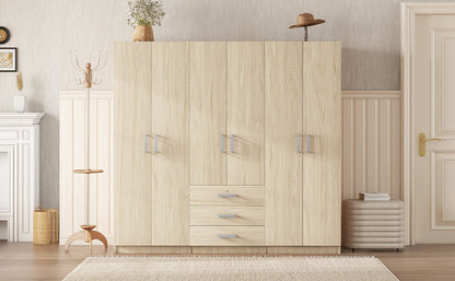 6-Door Brown Wooden Wardrobe Armoire with Locking Drawer - 1st Choice Furniture Direct