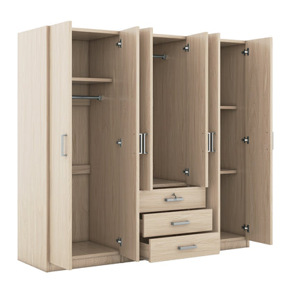 6-Door Brown Wooden Wardrobe Armoire with Locking Drawer - 1st Choice Furniture Direct