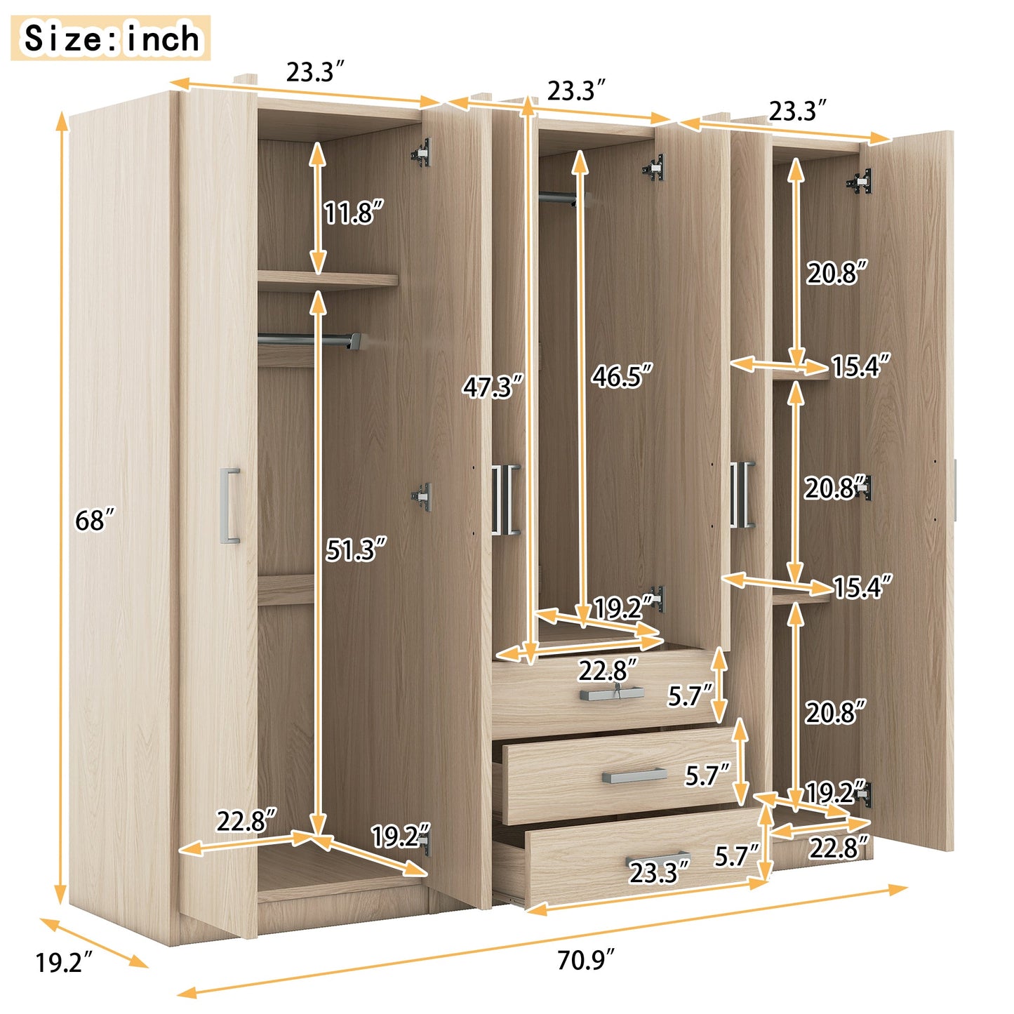 6-Door Brown Wooden Wardrobe Armoire with Locking Drawer - 1st Choice Furniture Direct