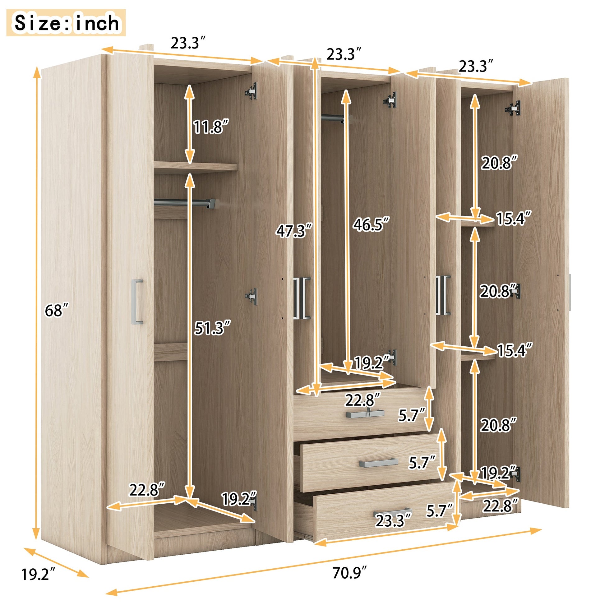 6-Door Brown Wooden Wardrobe Armoire with Locking Drawer - 1st Choice Furniture Direct