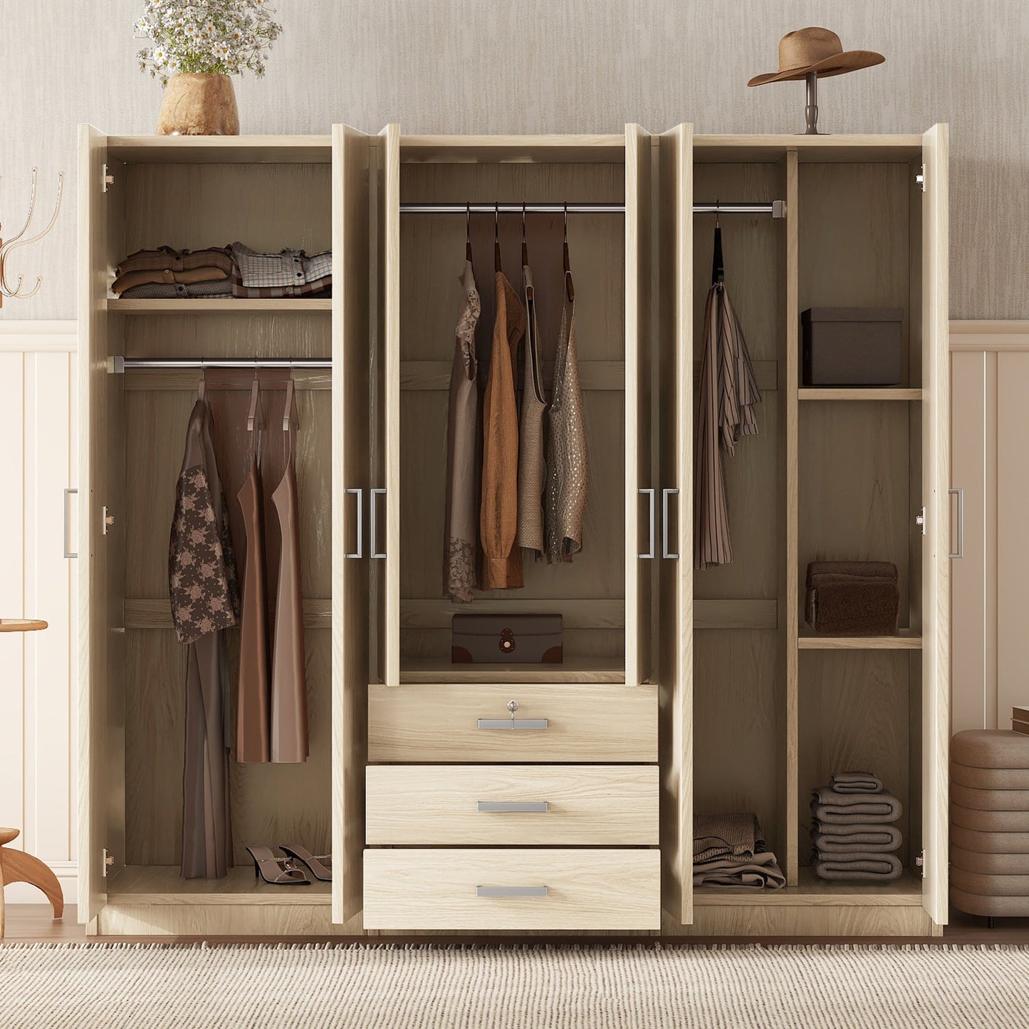 6-Door Brown Wooden Wardrobe Armoire with Locking Drawer - 1st Choice Furniture Direct