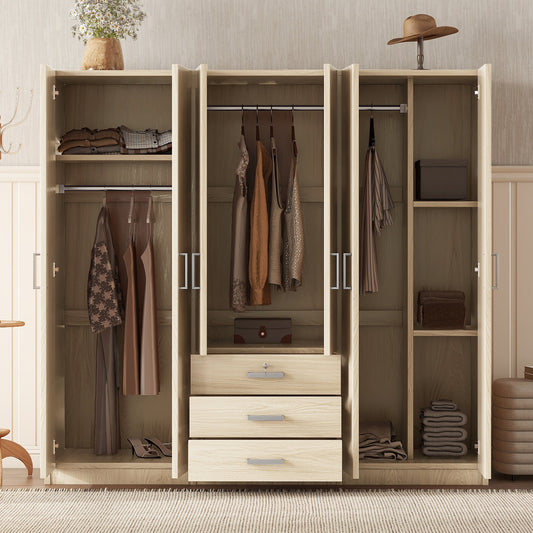 6-Door Brown Wooden Wardrobe Armoire with Locking Drawer - 1st Choice Furniture Direct