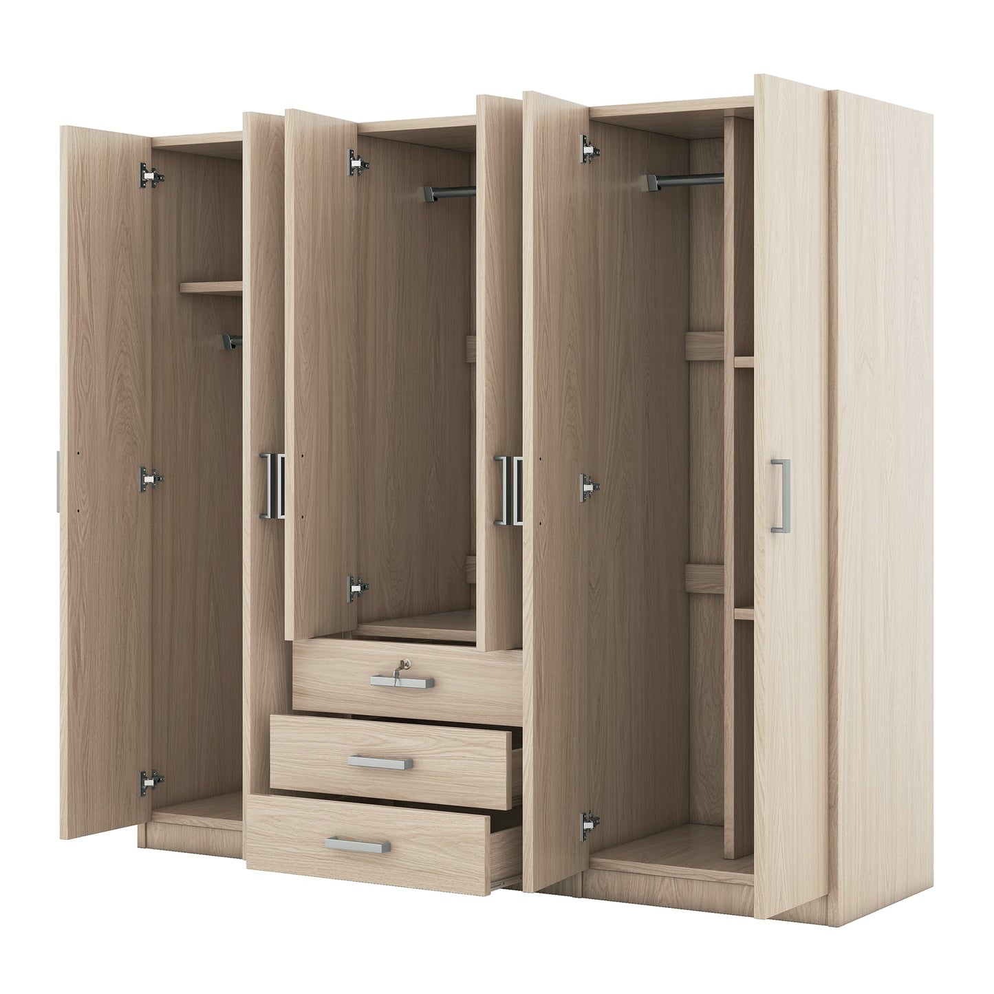 6-Door Brown Wooden Wardrobe Armoire with Locking Drawer - 1st Choice Furniture Direct