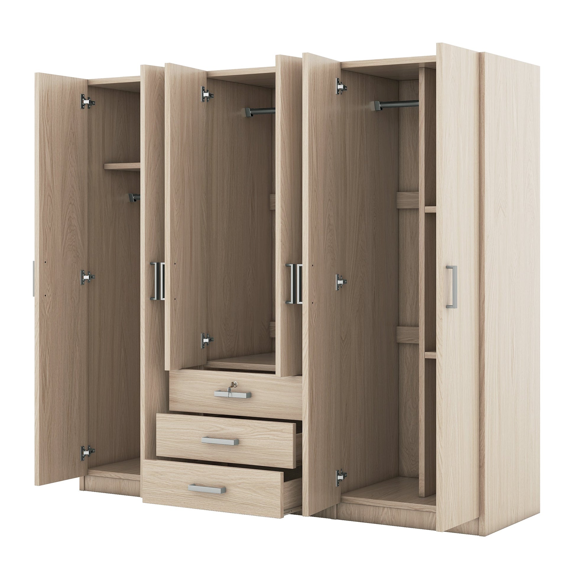 6-Door Brown Wooden Wardrobe Armoire with Locking Drawer - 1st Choice Furniture Direct