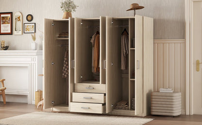 6-Door Brown Wooden Wardrobe Armoire with Locking Drawer - 1st Choice Furniture Direct