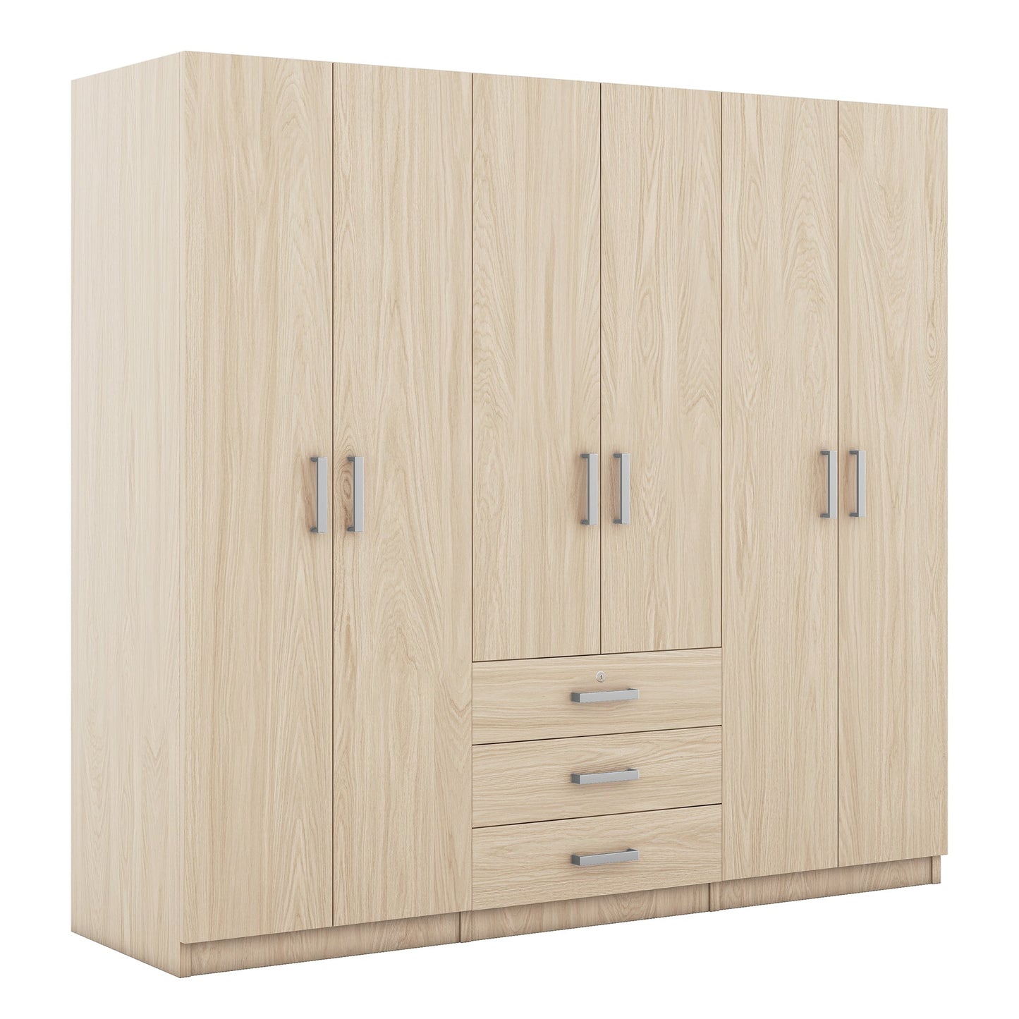 6-Door Brown Wooden Wardrobe Armoire with Locking Drawer - 1st Choice Furniture Direct