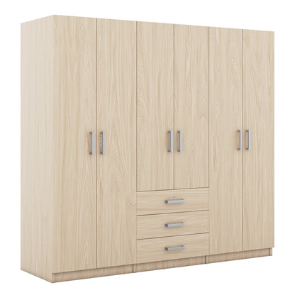 6-Door Brown Wooden Wardrobe Armoire with Locking Drawer - 1st Choice Furniture Direct