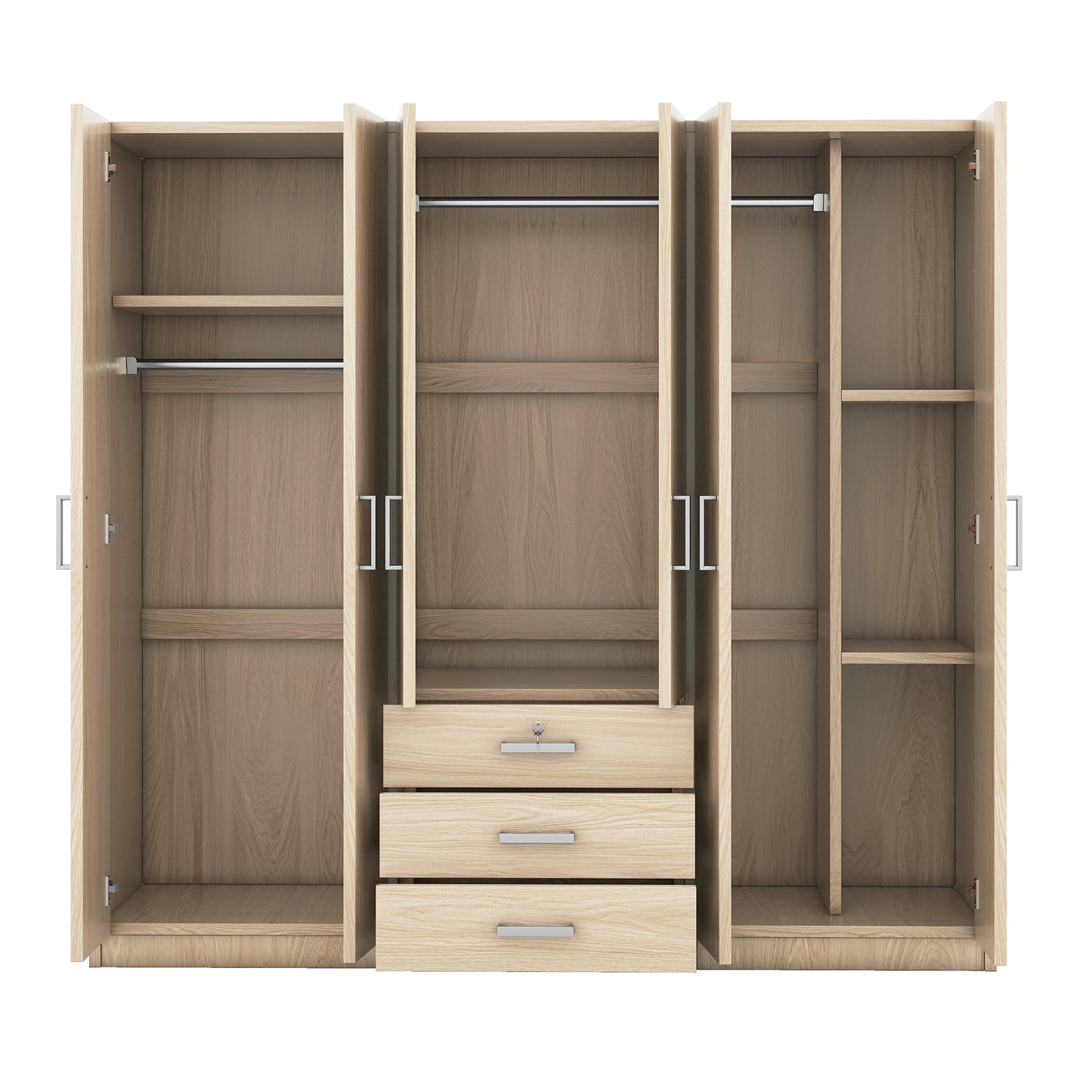 6-Door Brown Wooden Wardrobe Armoire with Locking Drawer - 1st Choice Furniture Direct