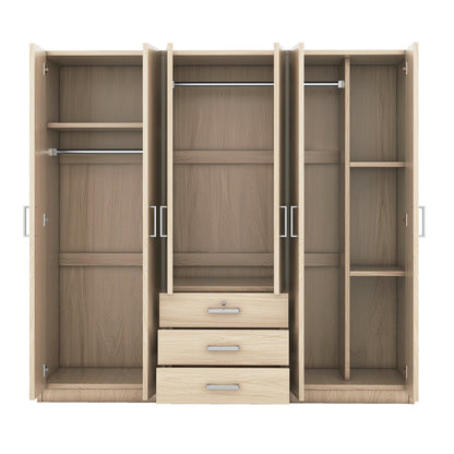 6-Door Brown Wooden Wardrobe Armoire with Locking Drawer - 1st Choice Furniture Direct