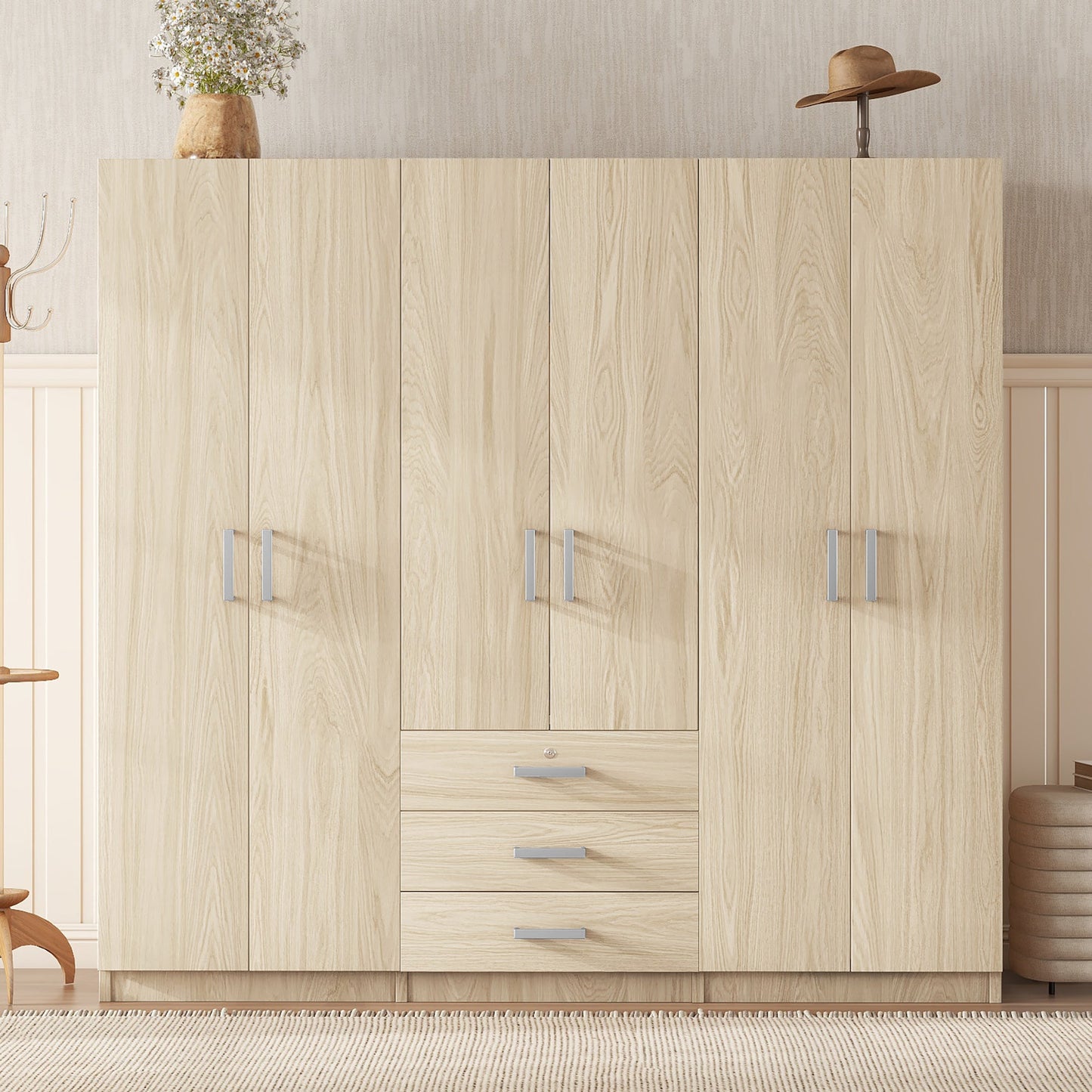 6-Door Brown Wooden Wardrobe Armoire with Locking Drawer - 1st Choice Furniture Direct
