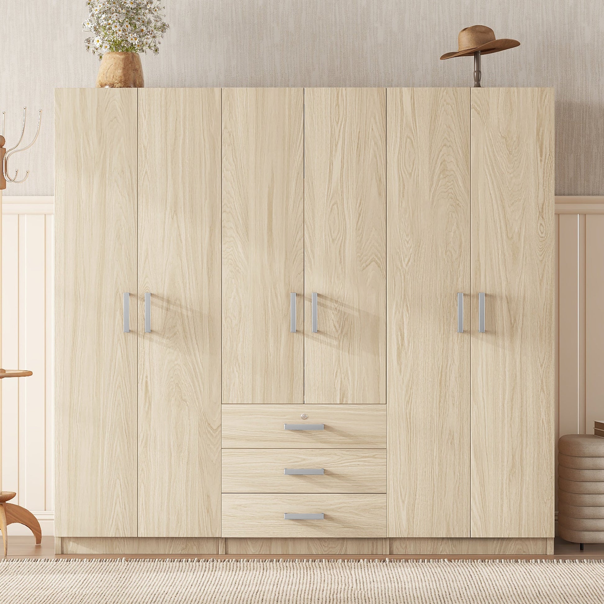 6-Door Brown Wooden Wardrobe Armoire with Locking Drawer - 1st Choice Furniture Direct