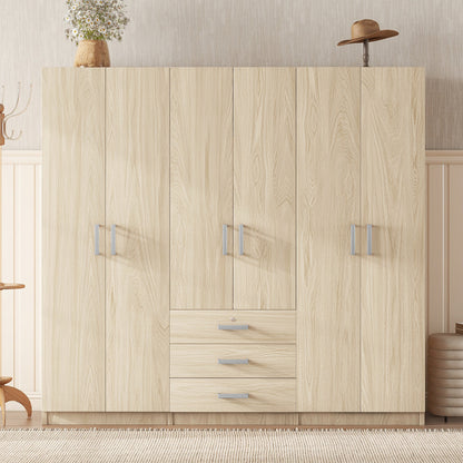 6-Door Brown Wooden Wardrobe Armoire with Locking Drawer - 1st Choice Furniture Direct