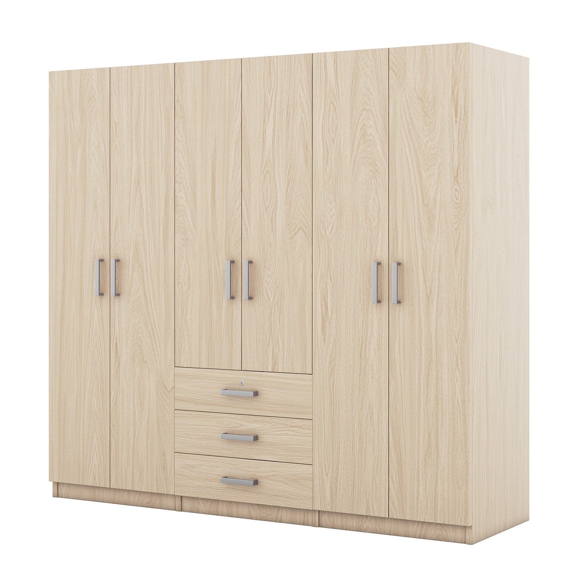 6-Door Brown Wooden Wardrobe Armoire with Locking Drawer - 1st Choice Furniture Direct