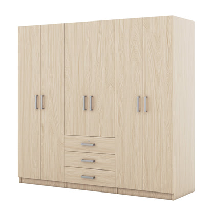 6-Door Brown Wooden Wardrobe Armoire with Locking Drawer - 1st Choice Furniture Direct