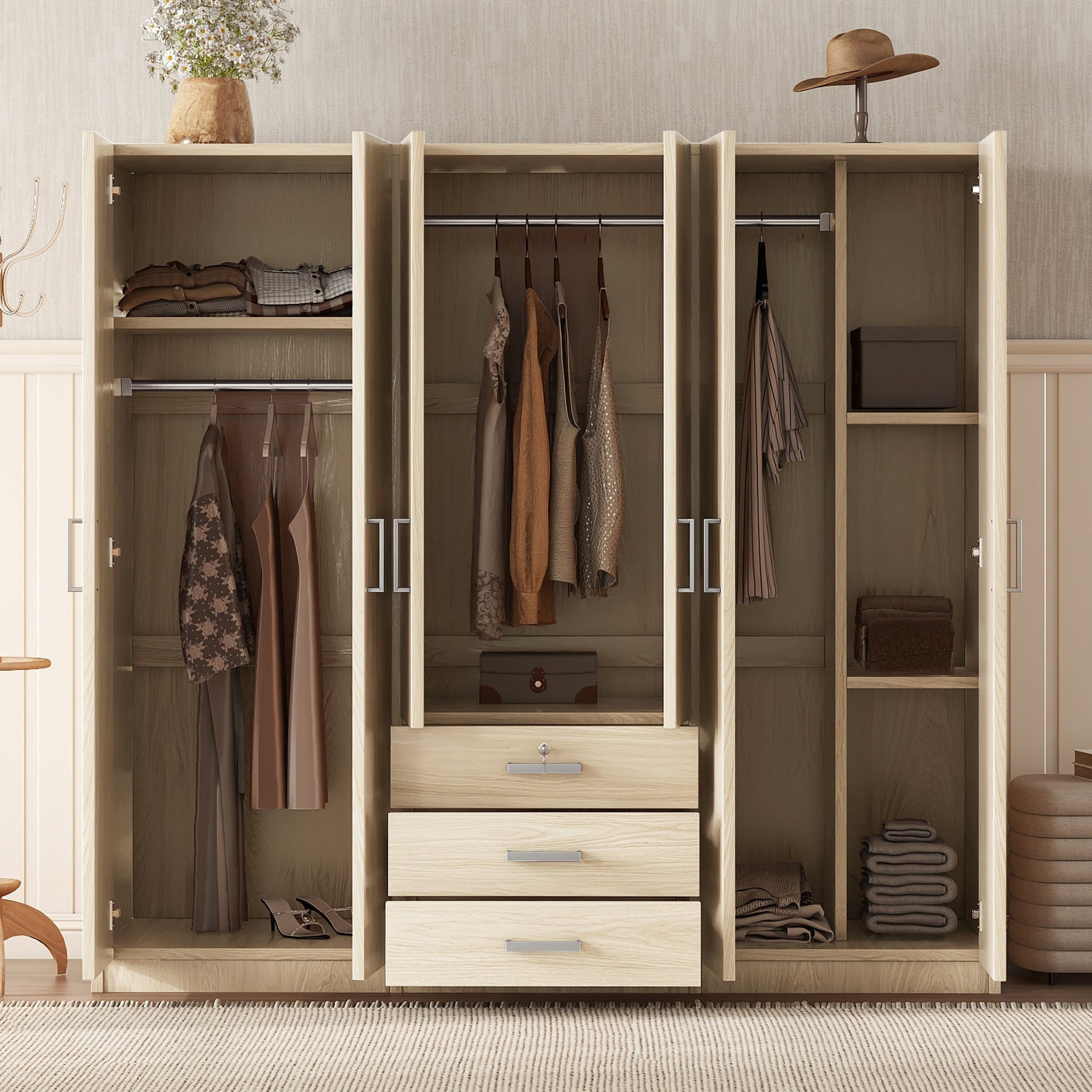 6 - Doors Wooden Wardrobe Storage for Bedroom, with Big Drawers, Brown - 1st Choice Furniture Direct