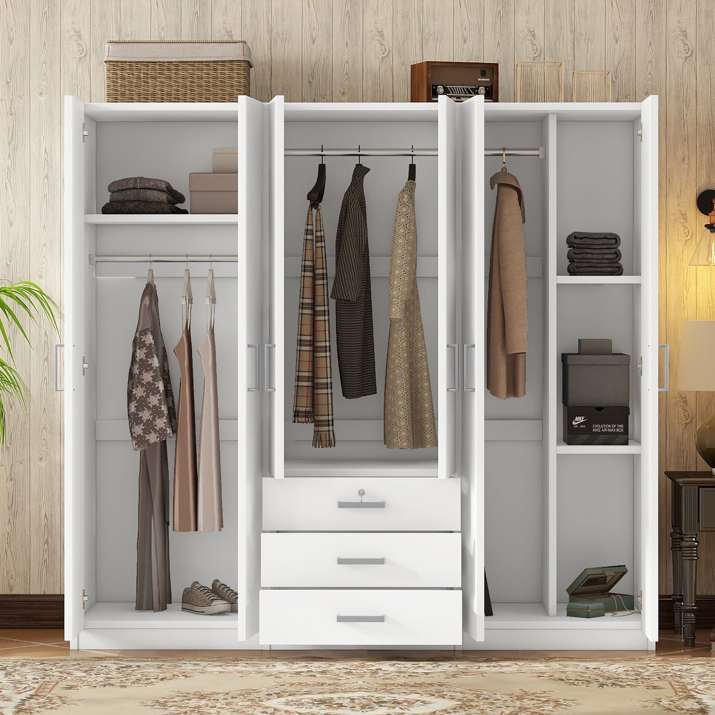 6 - Doors Wooden Wardrobe Storage for Bedroom, with Big Drawers, White - 1st Choice Furniture Direct