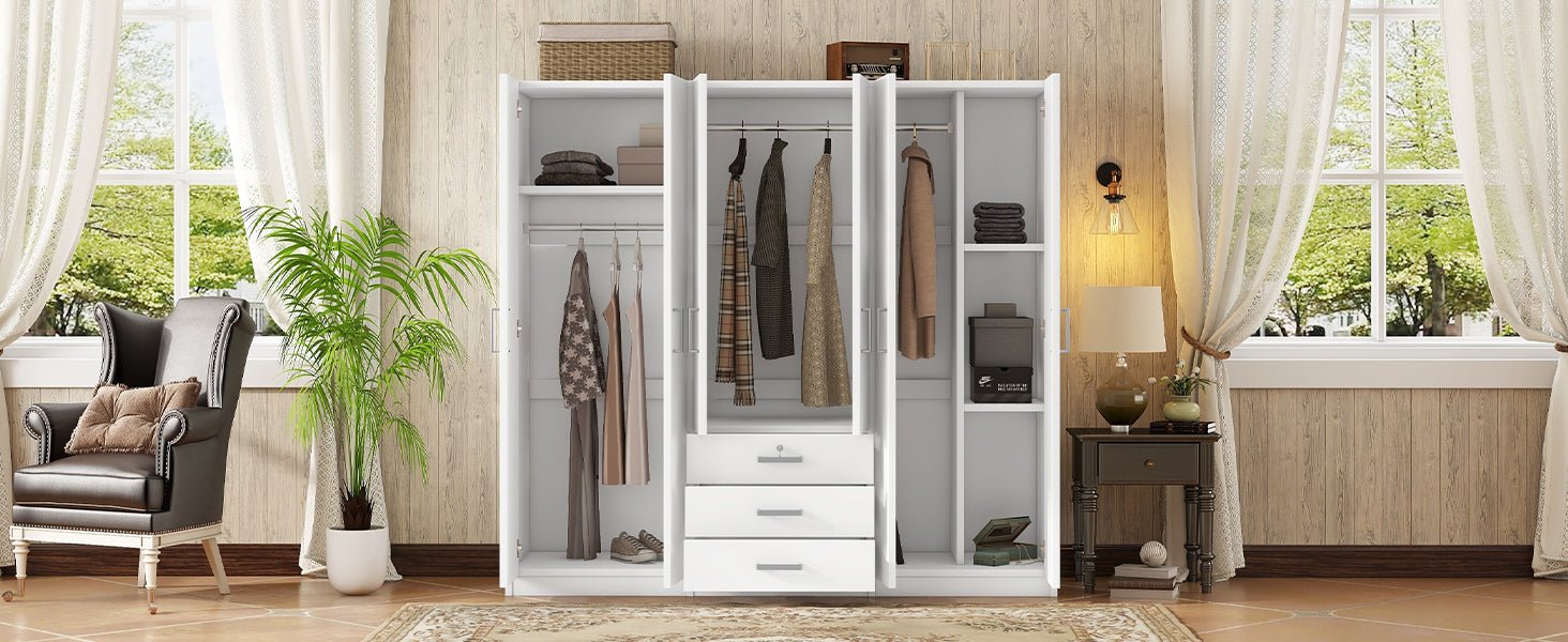 6 - Doors Wooden Wardrobe Storage for Bedroom, with Big Drawers, White - 1st Choice Furniture Direct