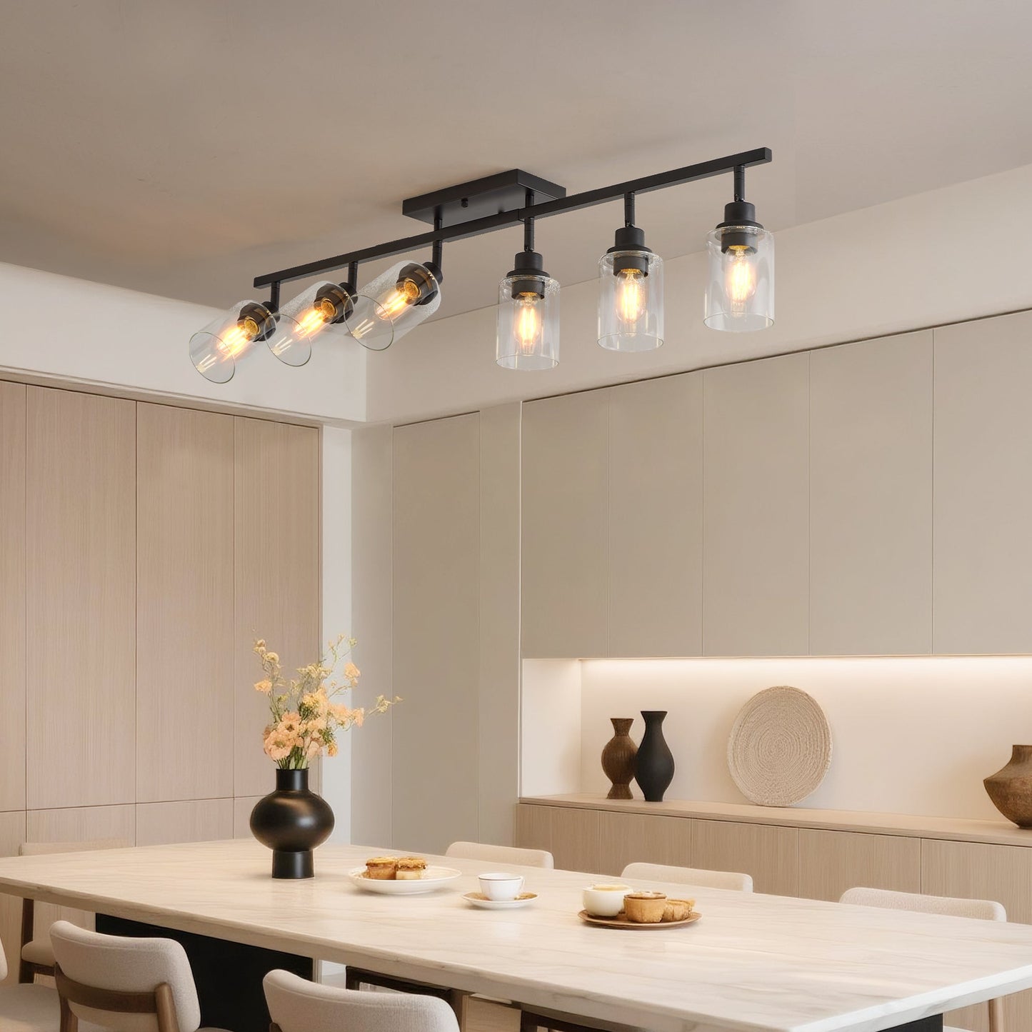 6 - Light Track Lighting Kit Black Track Lighting Fixtures Bathroom Wall Sconces Ceiling Mount Kitchen Tracking Lights, Rotatable Spotlight with Clear Glass Shade for Kitchen Shop Hallway - 1st Choice Furniture Direct