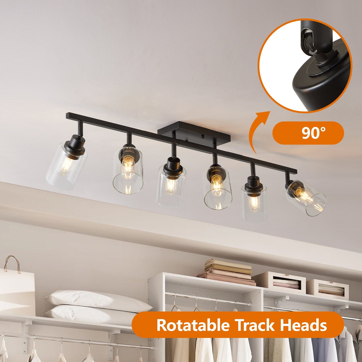 6 - Light Track Lighting Kit Black Track Lighting Fixtures Bathroom Wall Sconces Ceiling Mount Kitchen Tracking Lights, Rotatable Spotlight with Clear Glass Shade for Kitchen Shop Hallway - 1st Choice Furniture Direct