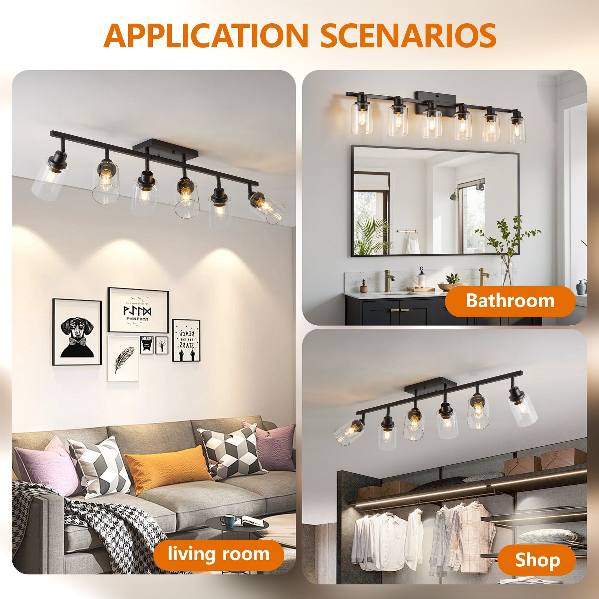 6 - Light Track Lighting Kit Black Track Lighting Fixtures Bathroom Wall Sconces Ceiling Mount Kitchen Tracking Lights, Rotatable Spotlight with Clear Glass Shade for Kitchen Shop Hallway - 1st Choice Furniture Direct
