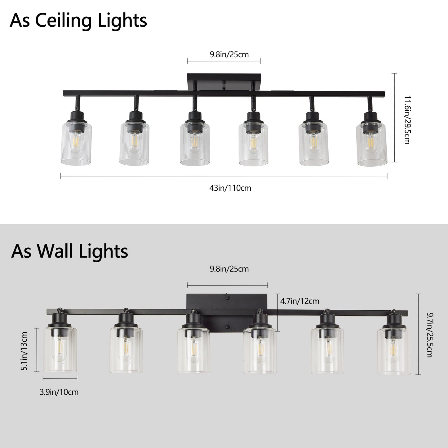 6 - Light Track Lighting Kit Black Track Lighting Fixtures Bathroom Wall Sconces Ceiling Mount Kitchen Tracking Lights, Rotatable Spotlight with Clear Glass Shade for Kitchen Shop Hallway - 1st Choice Furniture Direct