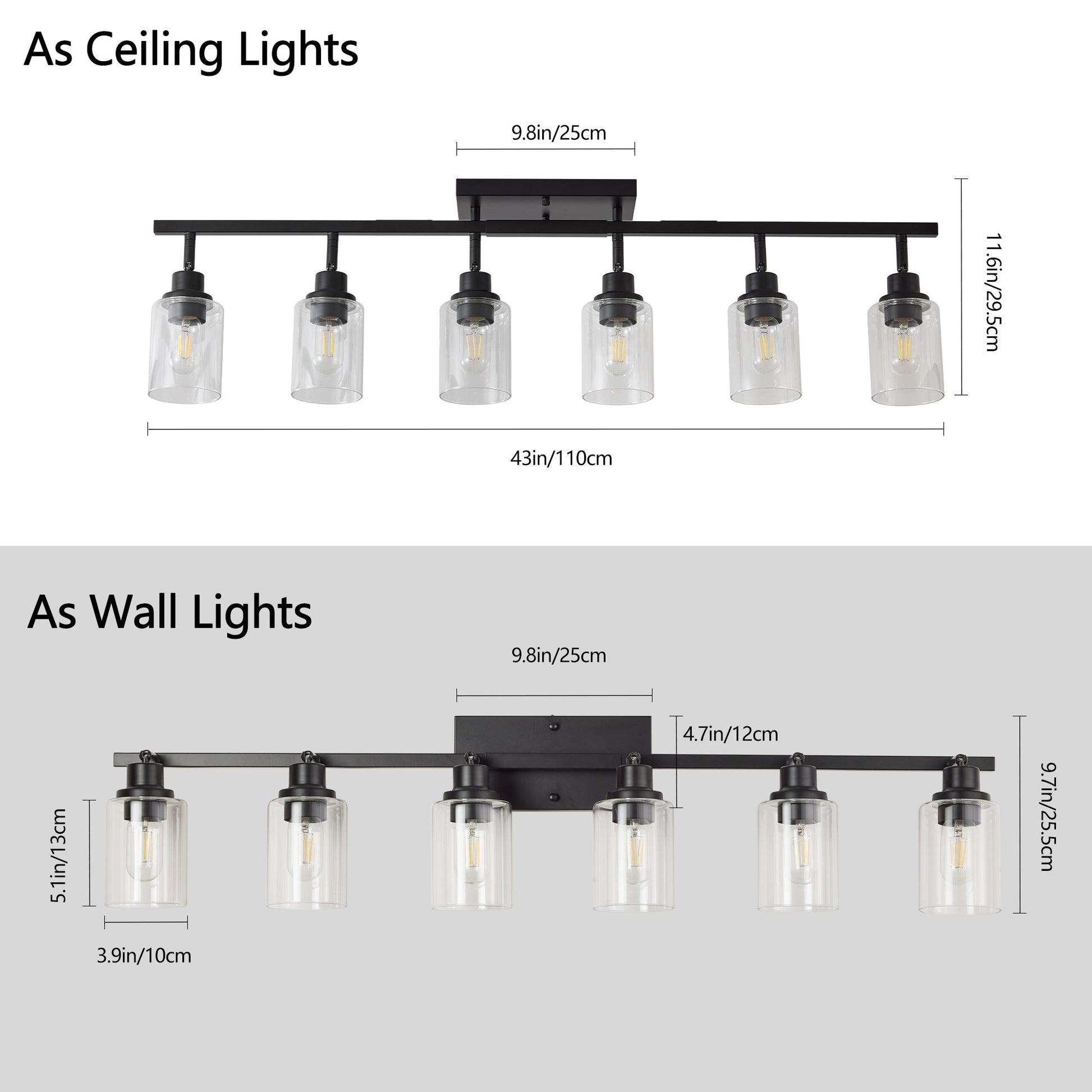 6 - Light Track Lighting Kit Black Track Lighting Fixtures Bathroom Wall Sconces Ceiling Mount Kitchen Tracking Lights, Rotatable Spotlight with Clear Glass Shade for Kitchen Shop Hallway - 1st Choice Furniture Direct