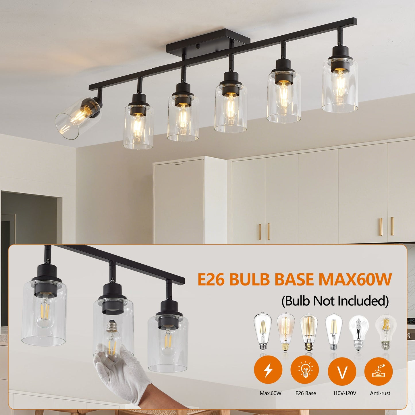 6 - Light Track Lighting Kit Black Track Lighting Fixtures Bathroom Wall Sconces Ceiling Mount Kitchen Tracking Lights, Rotatable Spotlight with Clear Glass Shade for Kitchen Shop Hallway - 1st Choice Furniture Direct