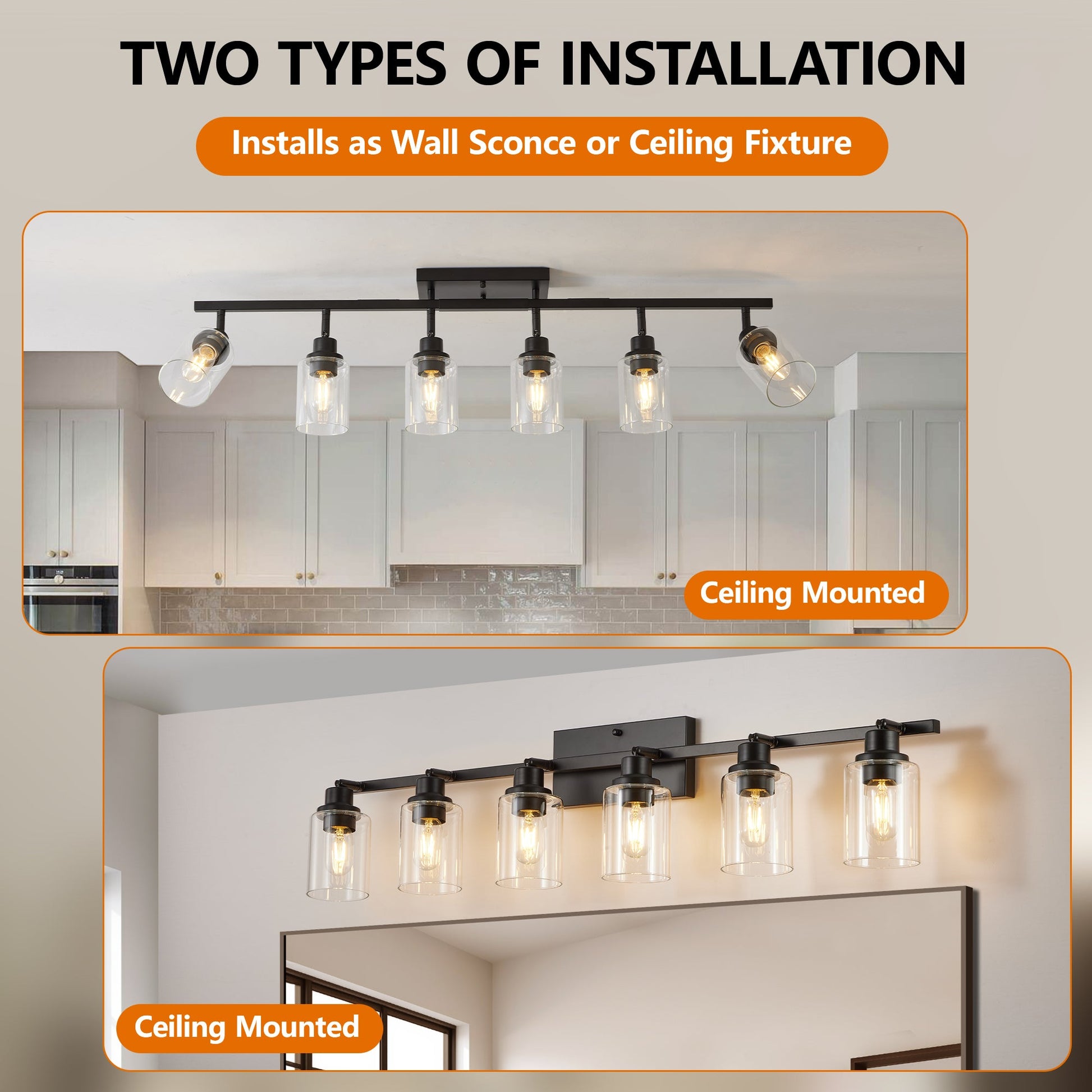 6 - Light Track Lighting Kit Black Track Lighting Fixtures Bathroom Wall Sconces Ceiling Mount Kitchen Tracking Lights, Rotatable Spotlight with Clear Glass Shade for Kitchen Shop Hallway - 1st Choice Furniture Direct