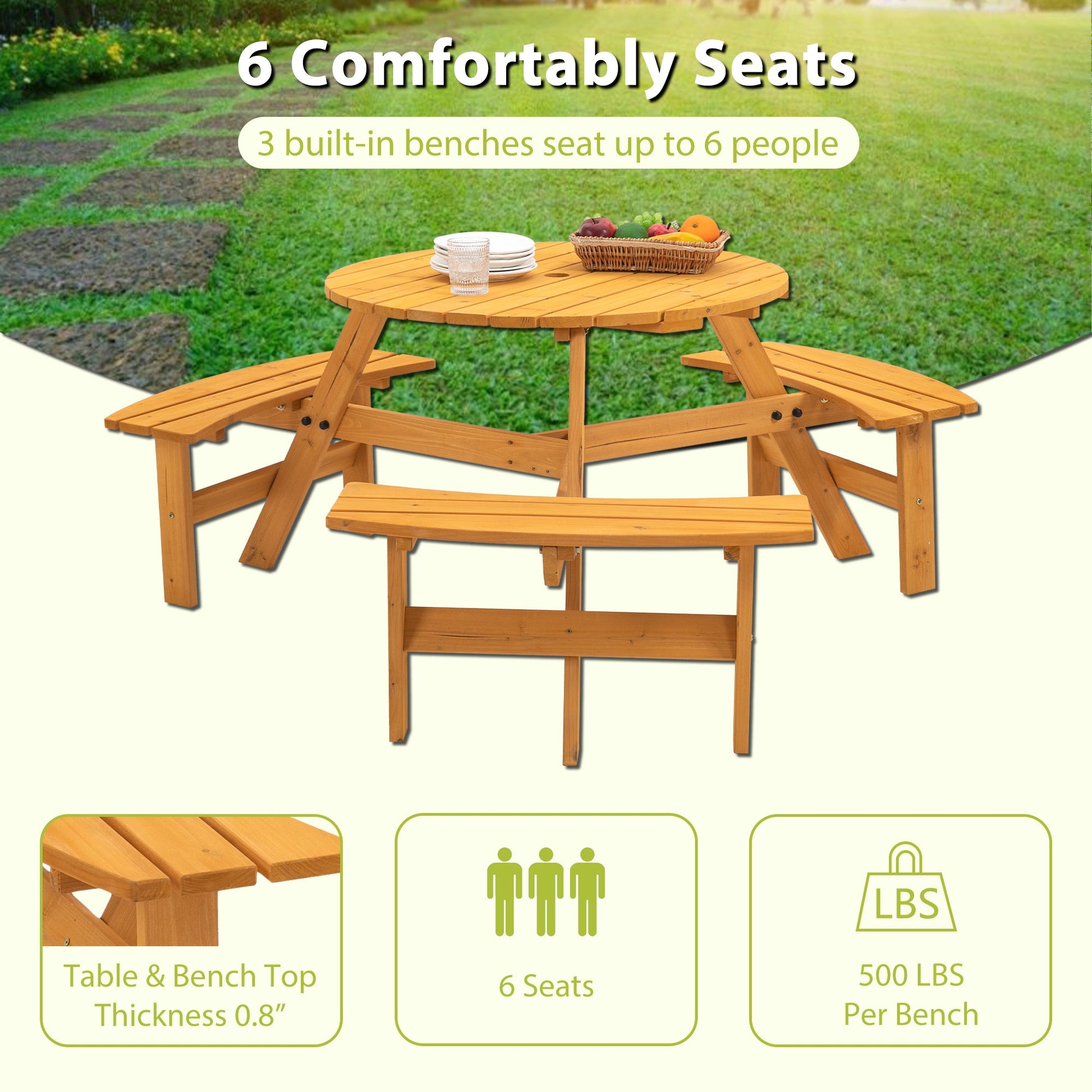 6 - Person Circular Outdoor Wooden Picnic Table for Patio, Backyard, Garden, DIY w/ 3 Built - in Benches, 1720lb Capacity - Natural - 1st Choice Furniture Direct