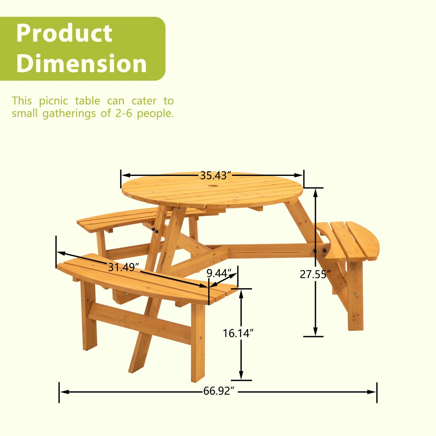 6 - Person Circular Outdoor Wooden Picnic Table for Patio, Backyard, Garden, DIY w/ 3 Built - in Benches, 1720lb Capacity - Natural - 1st Choice Furniture Direct