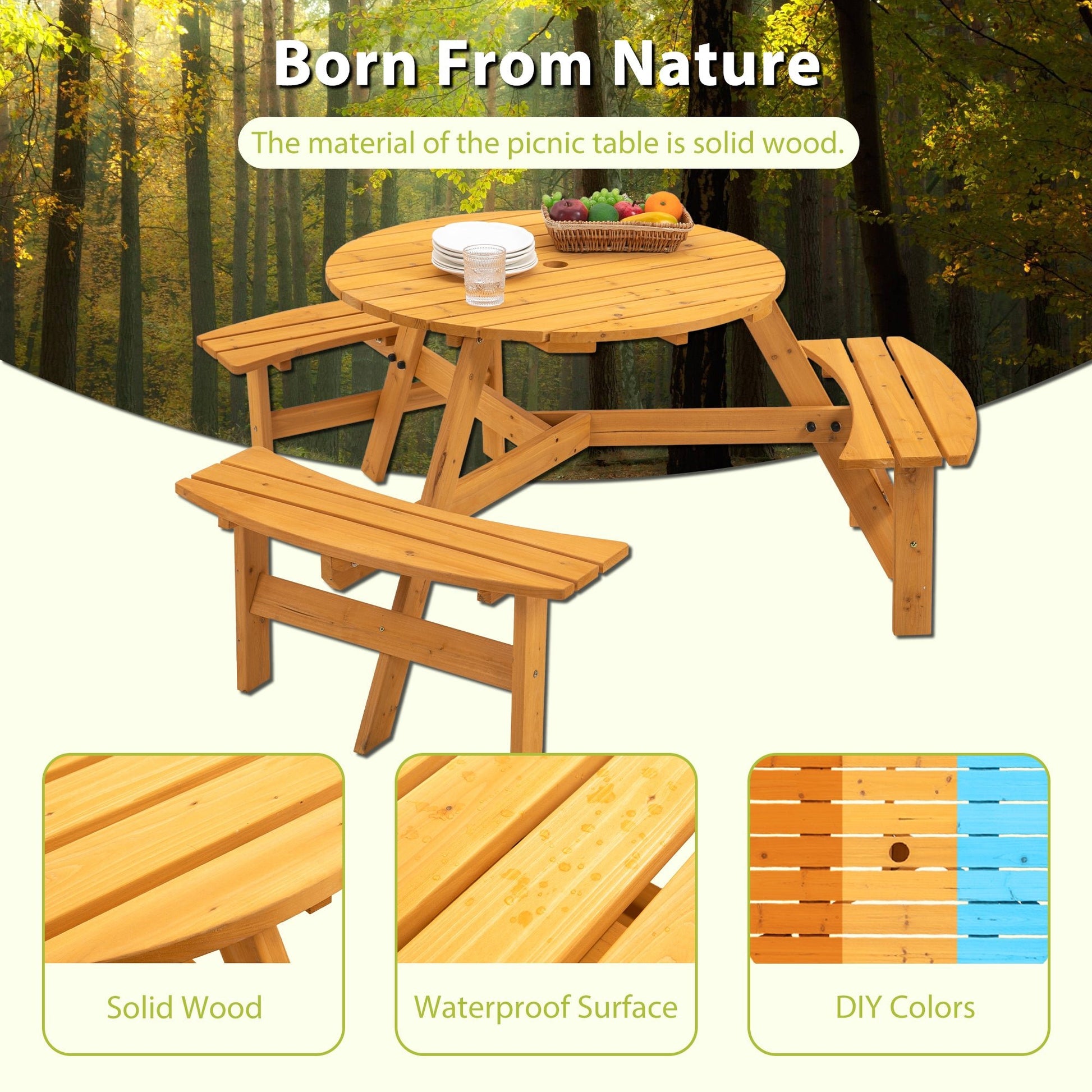 6 - Person Circular Outdoor Wooden Picnic Table for Patio, Backyard, Garden, DIY w/ 3 Built - in Benches, 1720lb Capacity - Natural - 1st Choice Furniture Direct