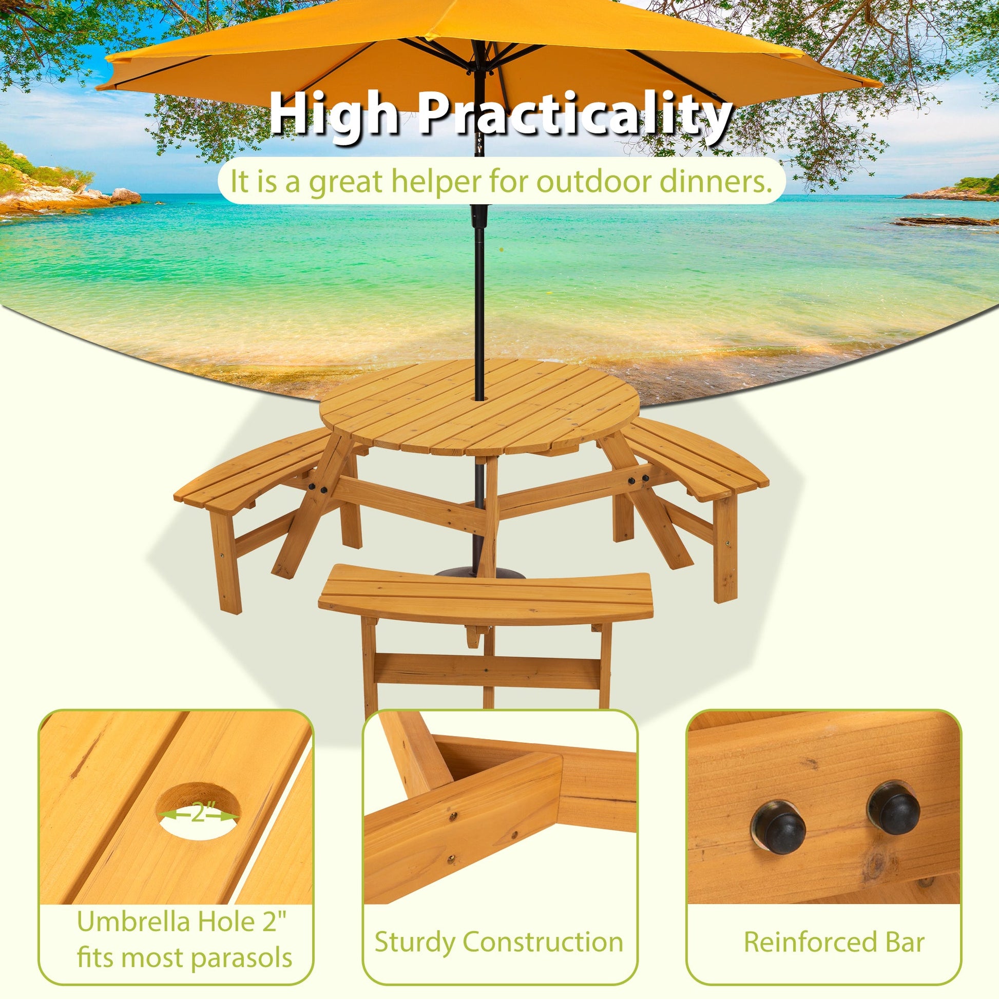 6 - Person Circular Outdoor Wooden Picnic Table for Patio, Backyard, Garden, DIY w/ 3 Built - in Benches, 1720lb Capacity - Natural - 1st Choice Furniture Direct