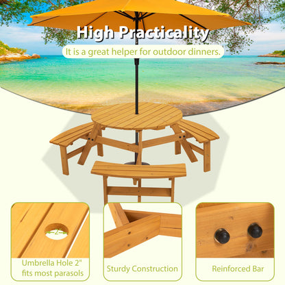 6 - Person Circular Outdoor Wooden Picnic Table for Patio, Backyard, Garden, DIY w/ 3 Built - in Benches, 1720lb Capacity - Natural - 1st Choice Furniture Direct