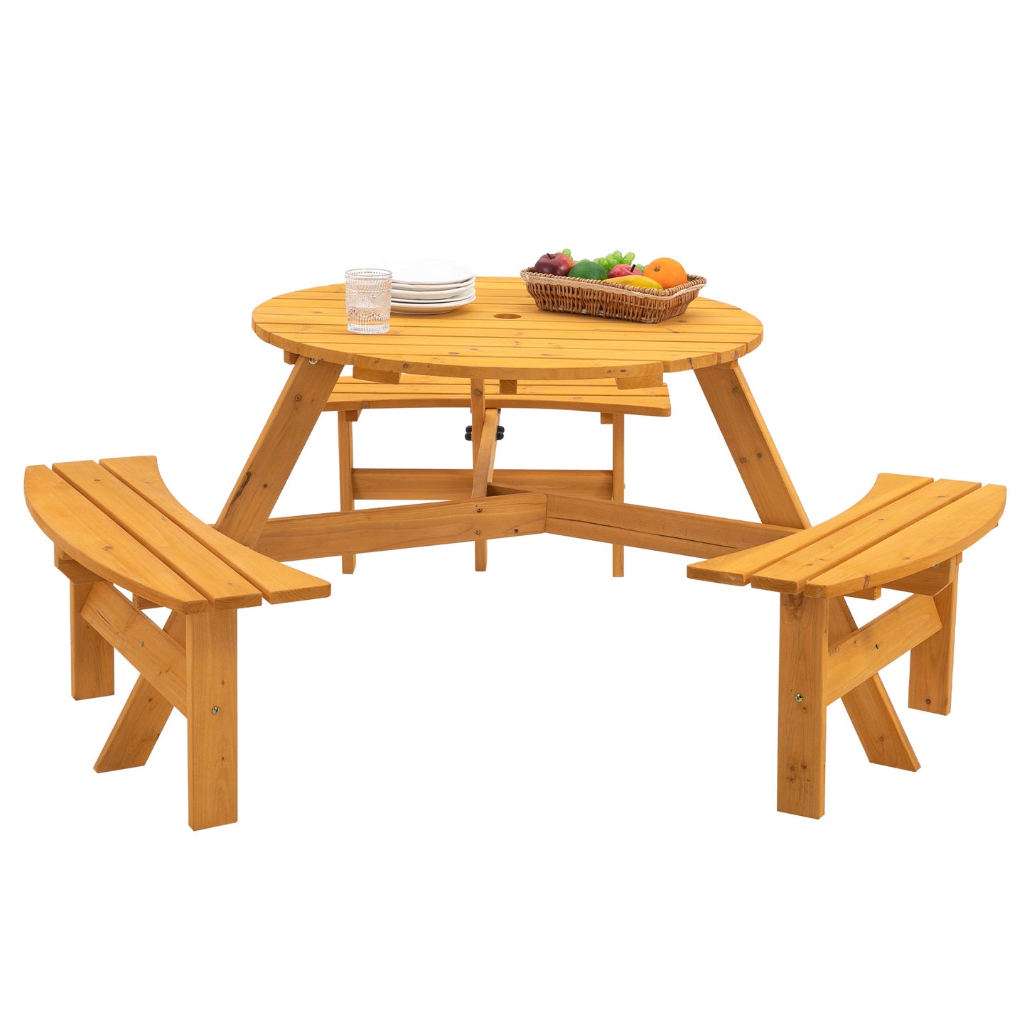 6 - Person Circular Outdoor Wooden Picnic Table for Patio, Backyard, Garden, DIY w/ 3 Built - in Benches, 1720lb Capacity - Natural - 1st Choice Furniture Direct