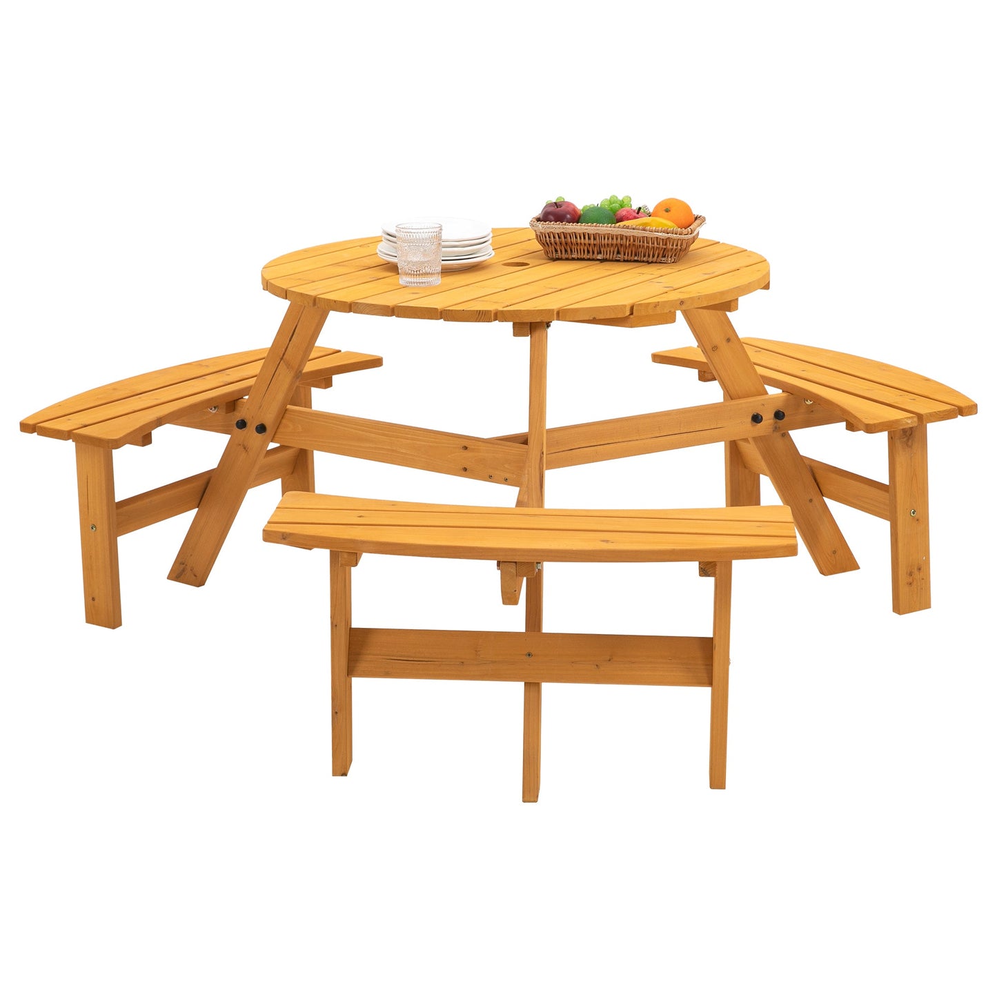 6 - Person Circular Outdoor Wooden Picnic Table for Patio, Backyard, Garden, DIY w/ 3 Built - in Benches, 1720lb Capacity - Natural - 1st Choice Furniture Direct