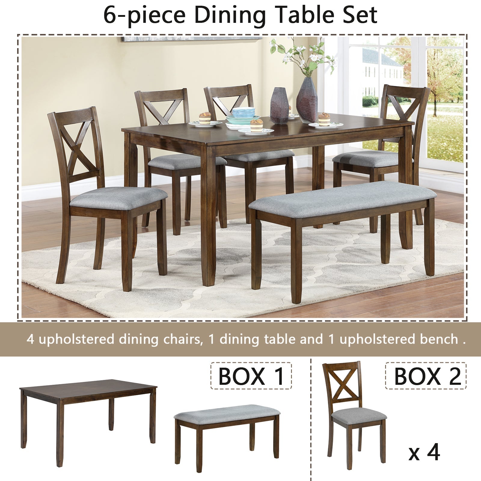 6-Piece Walnut Acacia Wood Dining Set with Bench & Chairs - 1st Choice Furniture Direct
