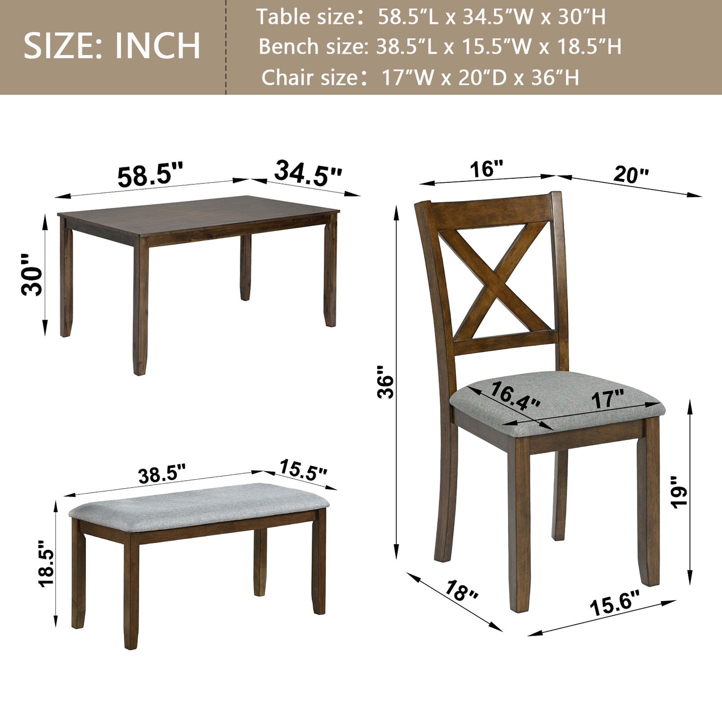6-Piece Walnut Acacia Wood Dining Set with Bench & Chairs - 1st Choice Furniture Direct