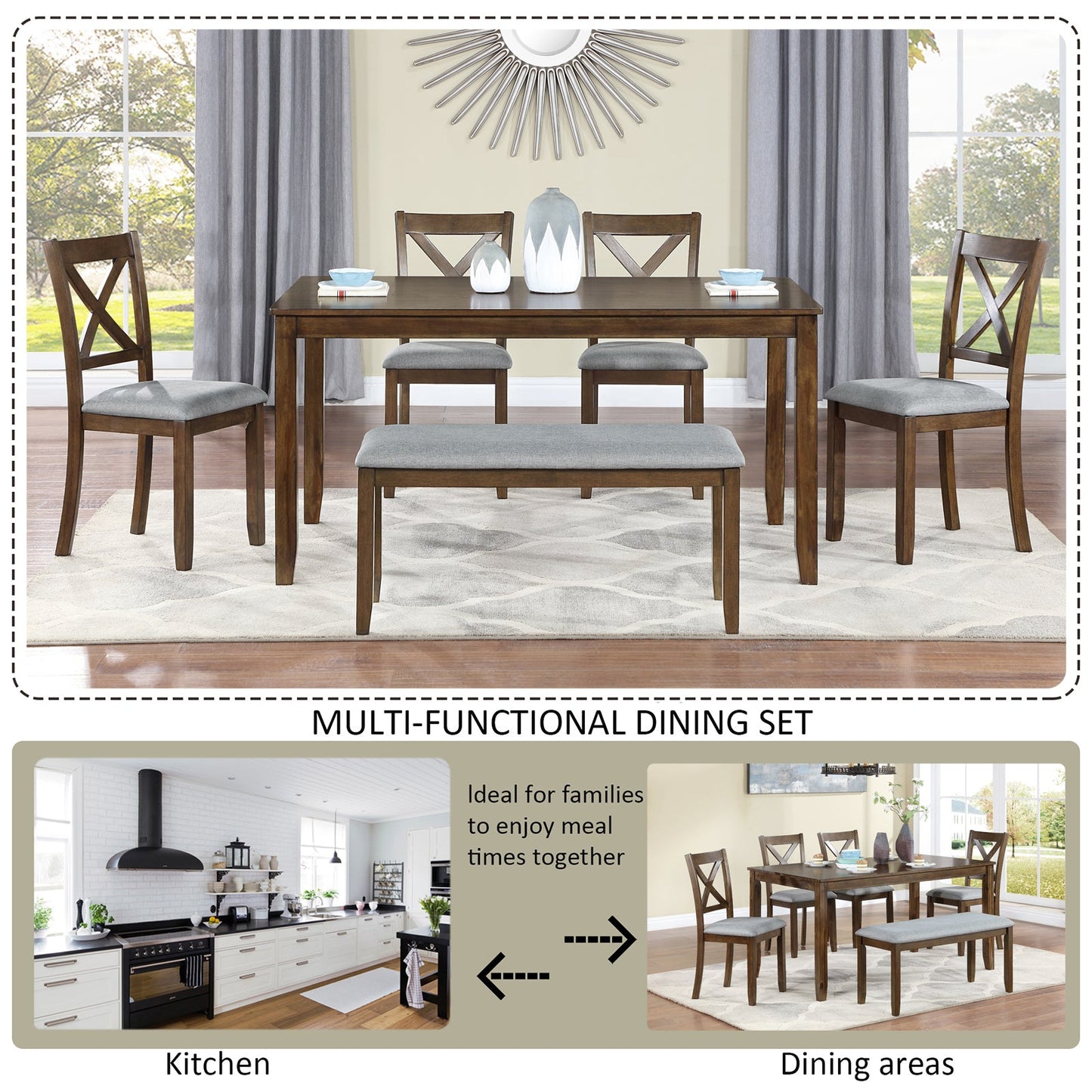 6-Piece Walnut Acacia Wood Dining Set with Bench & Chairs - 1st Choice Furniture Direct