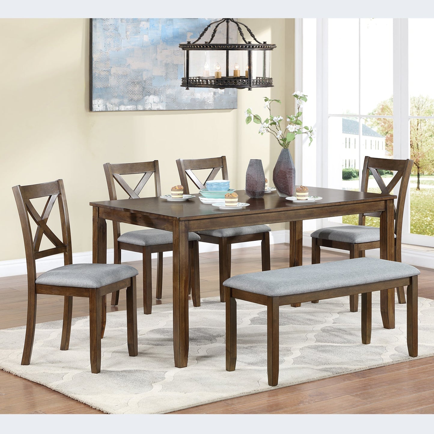 6-Piece Walnut Acacia Wood Dining Set with Bench & Chairs - 1st Choice Furniture Direct