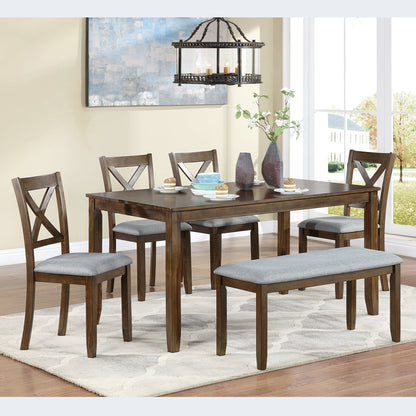 6-Piece Walnut Acacia Wood Dining Set with Bench & Chairs - 1st Choice Furniture Direct